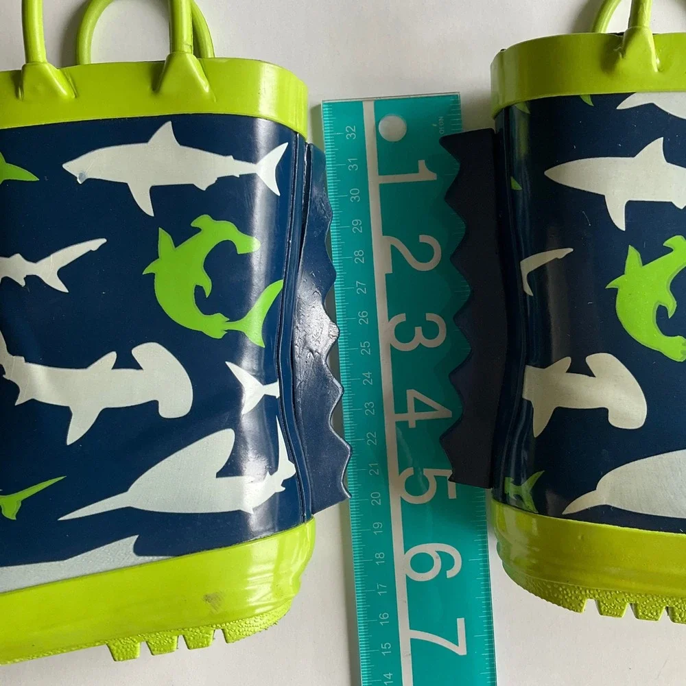 Kids Shark Print Rubber Rain Boots Blue Green 3D Fin‎ Size 6 Waterproof Unisex